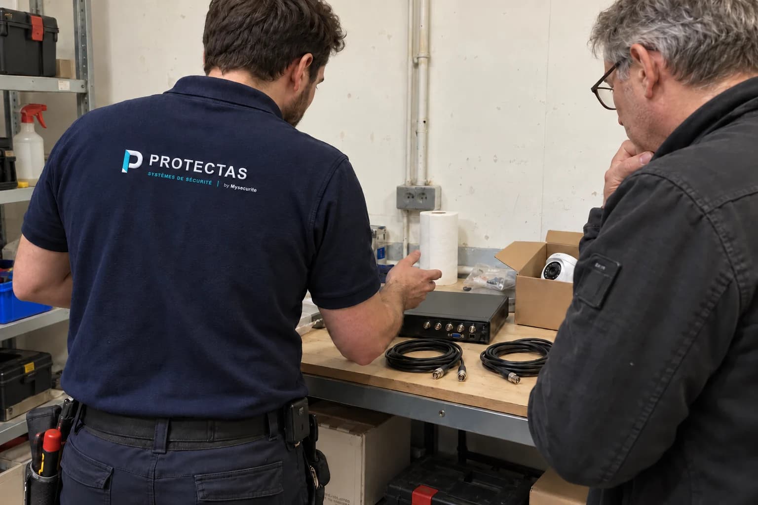 Un technicien Protectas examine un ancien enregistreur et des câbles coaxiaux avec un gestionnaire