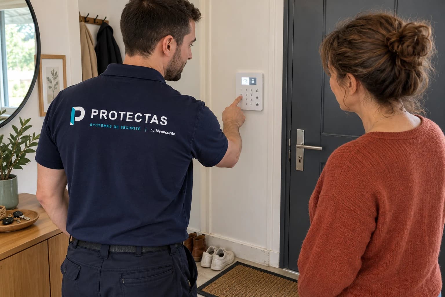 Un technicien Protectas montre le clavier d’alarme fixé sur le mur près de la porte d’entrée
