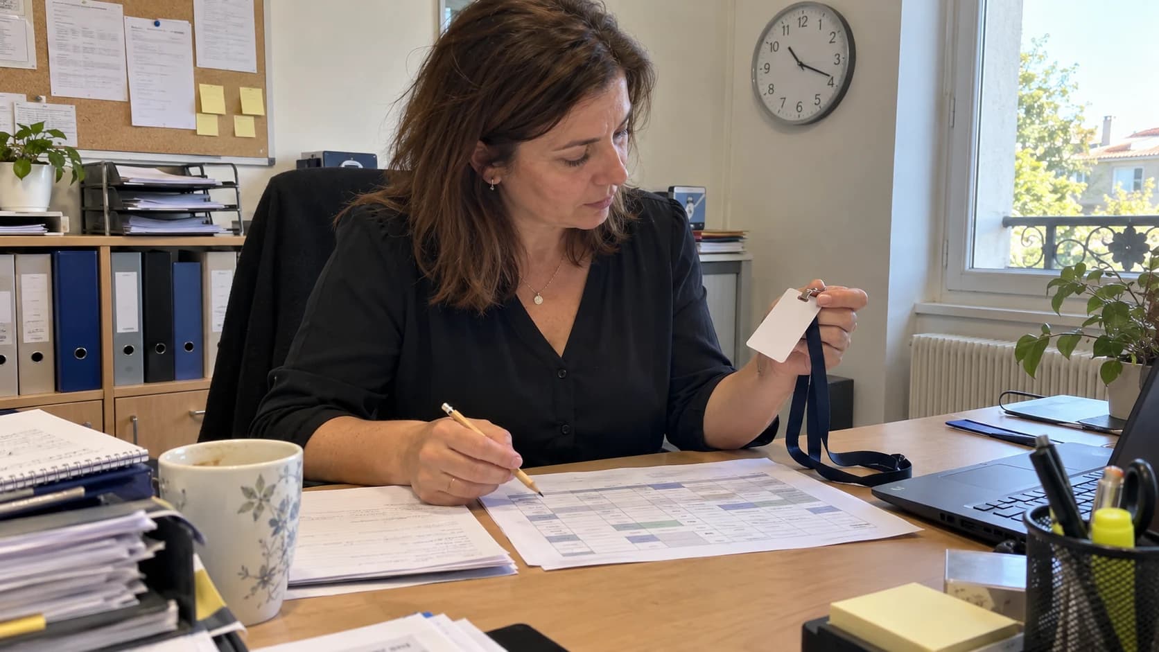 Une responsable compare un badge d’accès avec un planning de travail sur son bureau