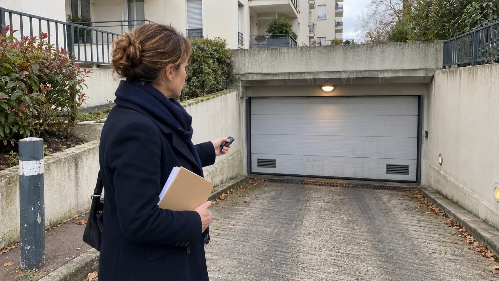 Une gestionnaire tient une télécommande devant la porte fermée d’un parking de résidence