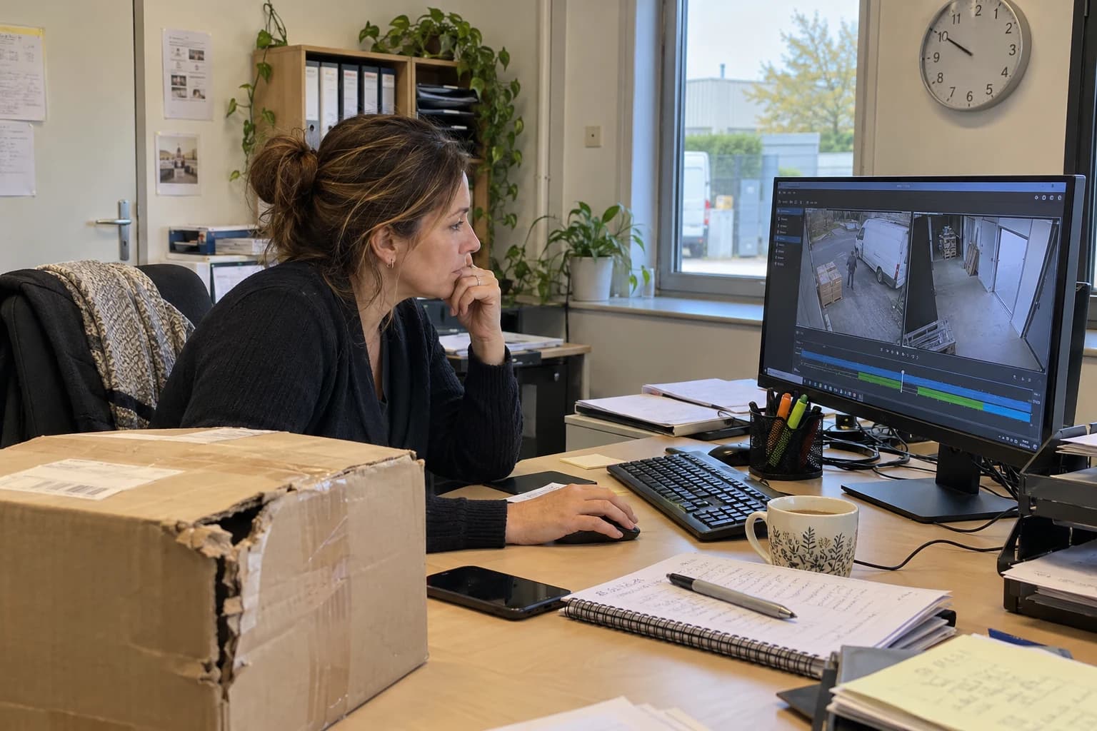 Une responsable recherche une séquence vidéo depuis son bureau, à côté d’un carton abîmé