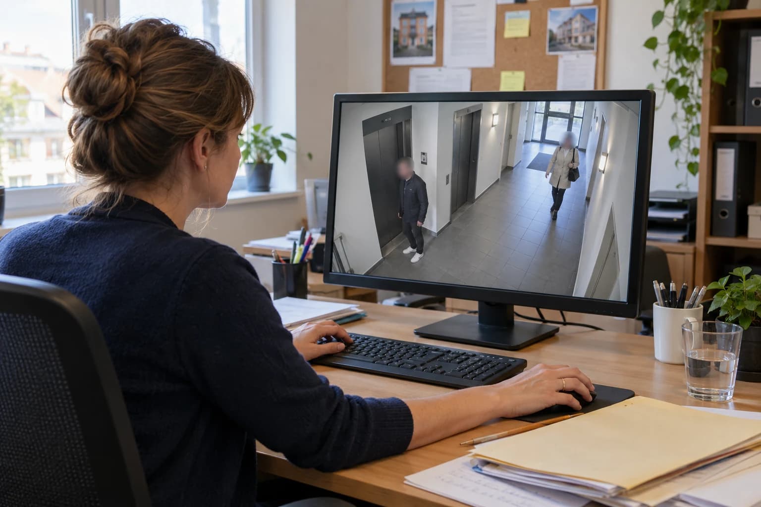 Une gestionnaire examine une vidéo de hall dont les visages des deux personnes sont masqués