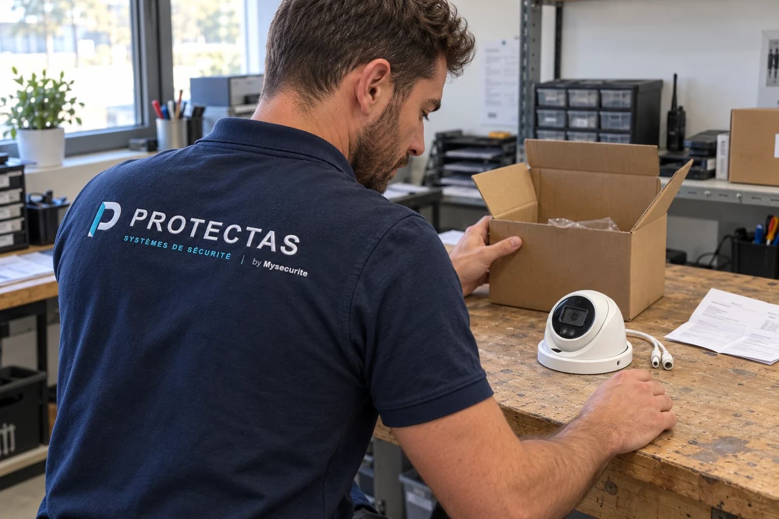 Un technicien Protectas examine une caméra débranchée sur un établi, près d’un carton de retour