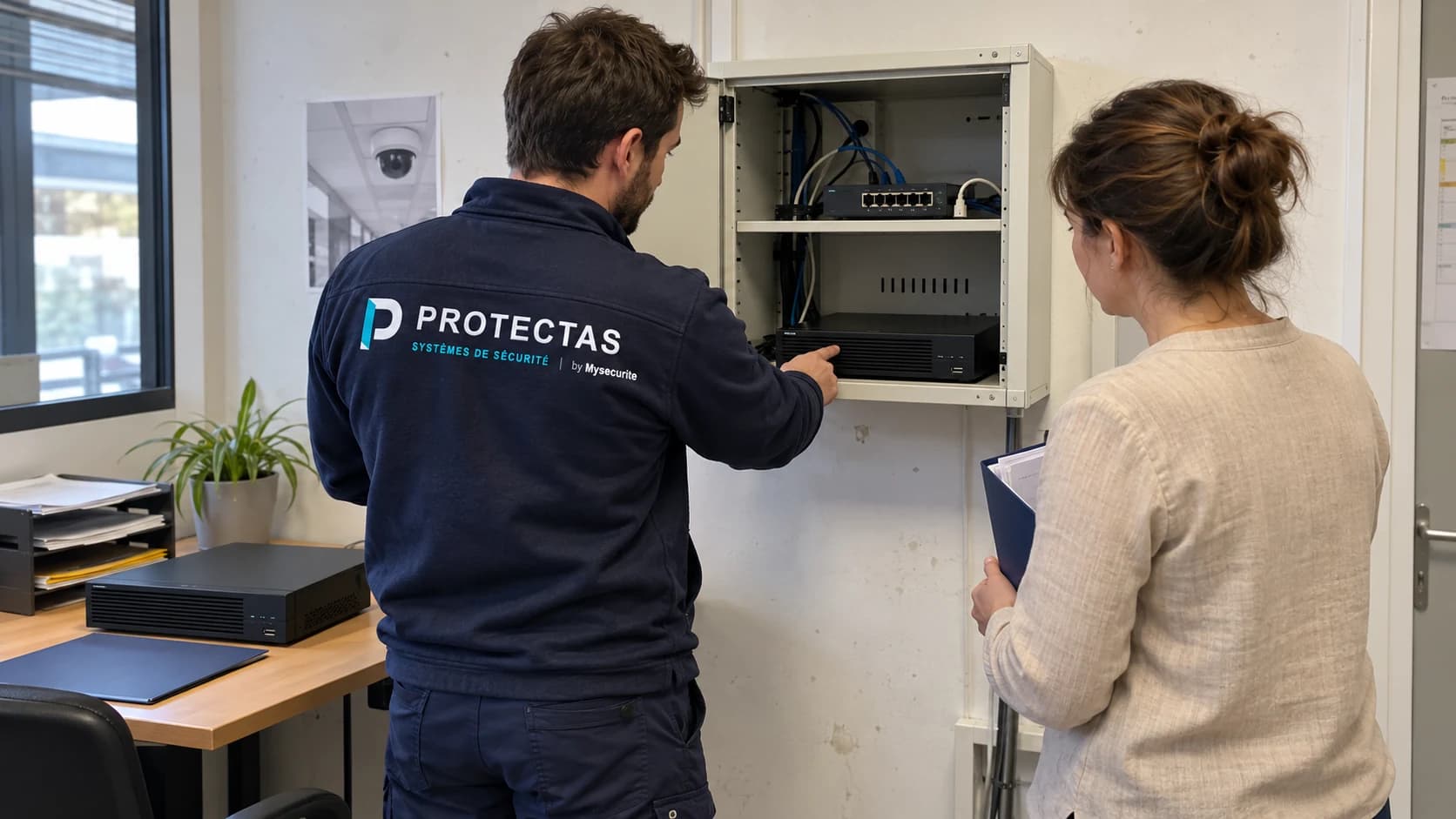 Un technicien Protectas et une responsable examinent un enregistreur en coffret et un second appareil posé sur le bureau