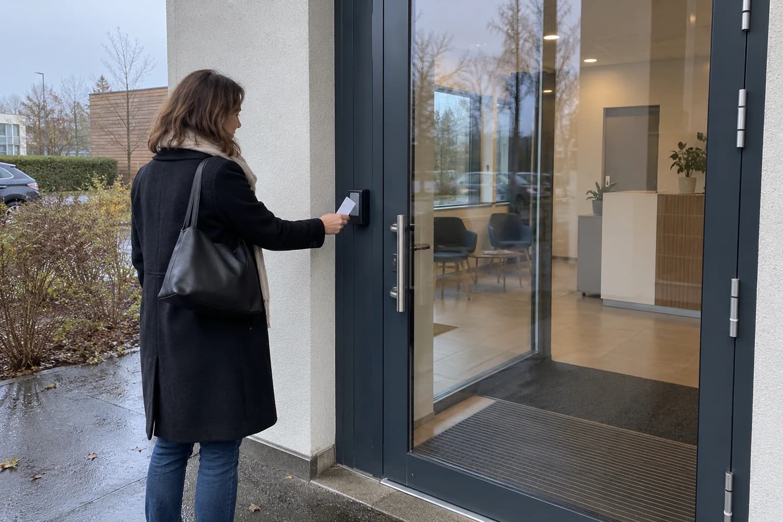 Une responsable présente son badge au lecteur fixé près de l’entrée des bureaux