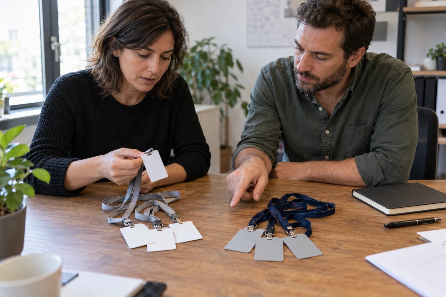 Deux responsables comparent deux groupes de badges sur une table