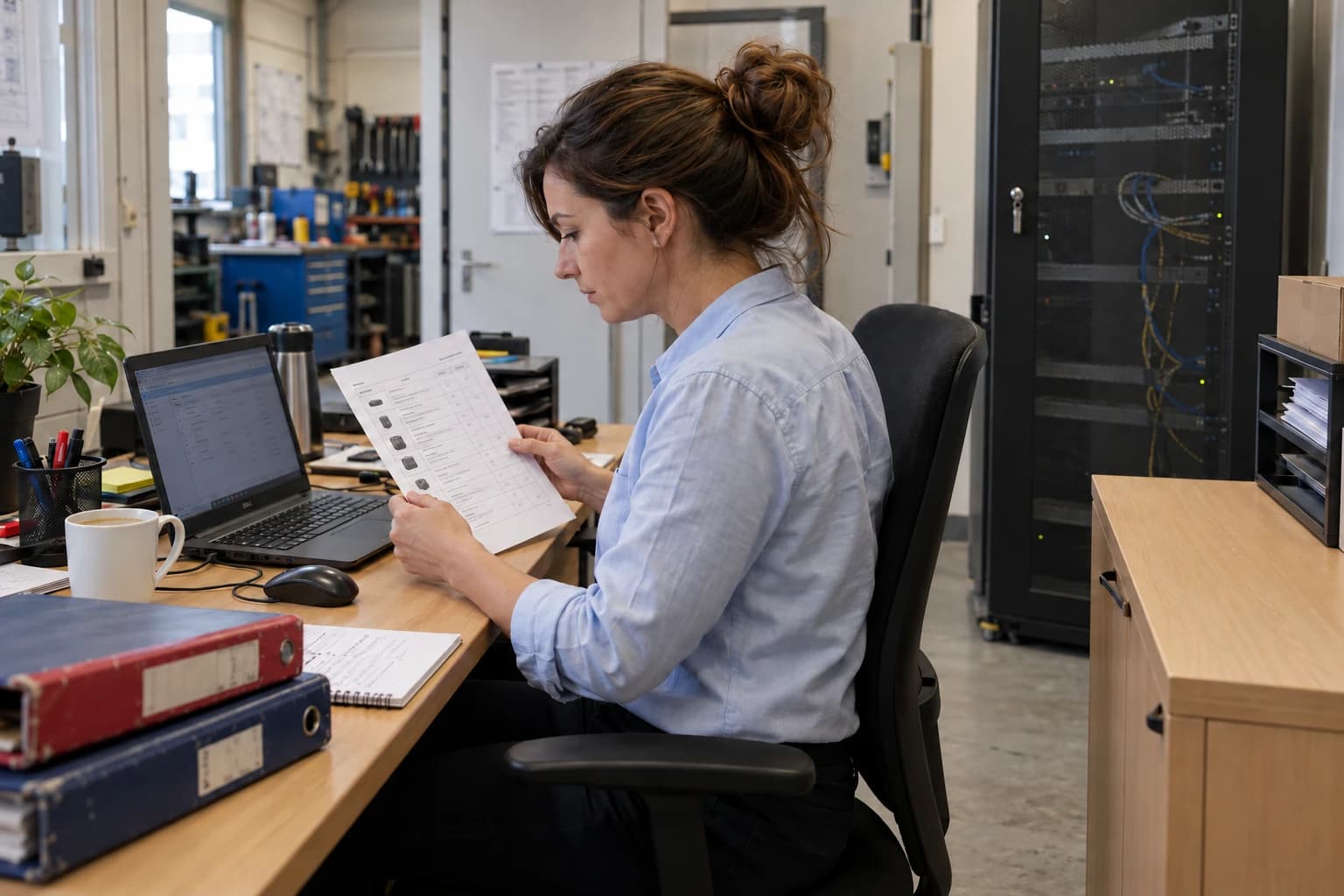 Une responsable examine un inventaire papier dans un bureau près d’une baie réseau fermée