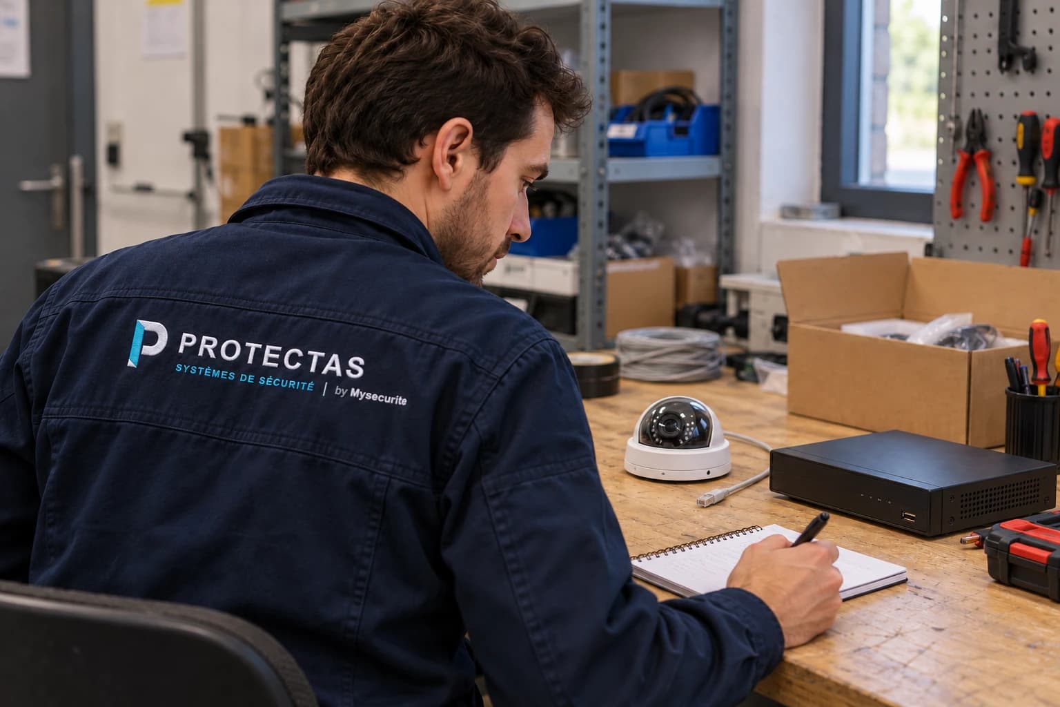 Un technicien Protectas prépare un dossier près d’une caméra et d’un enregistreur posés sur un établi