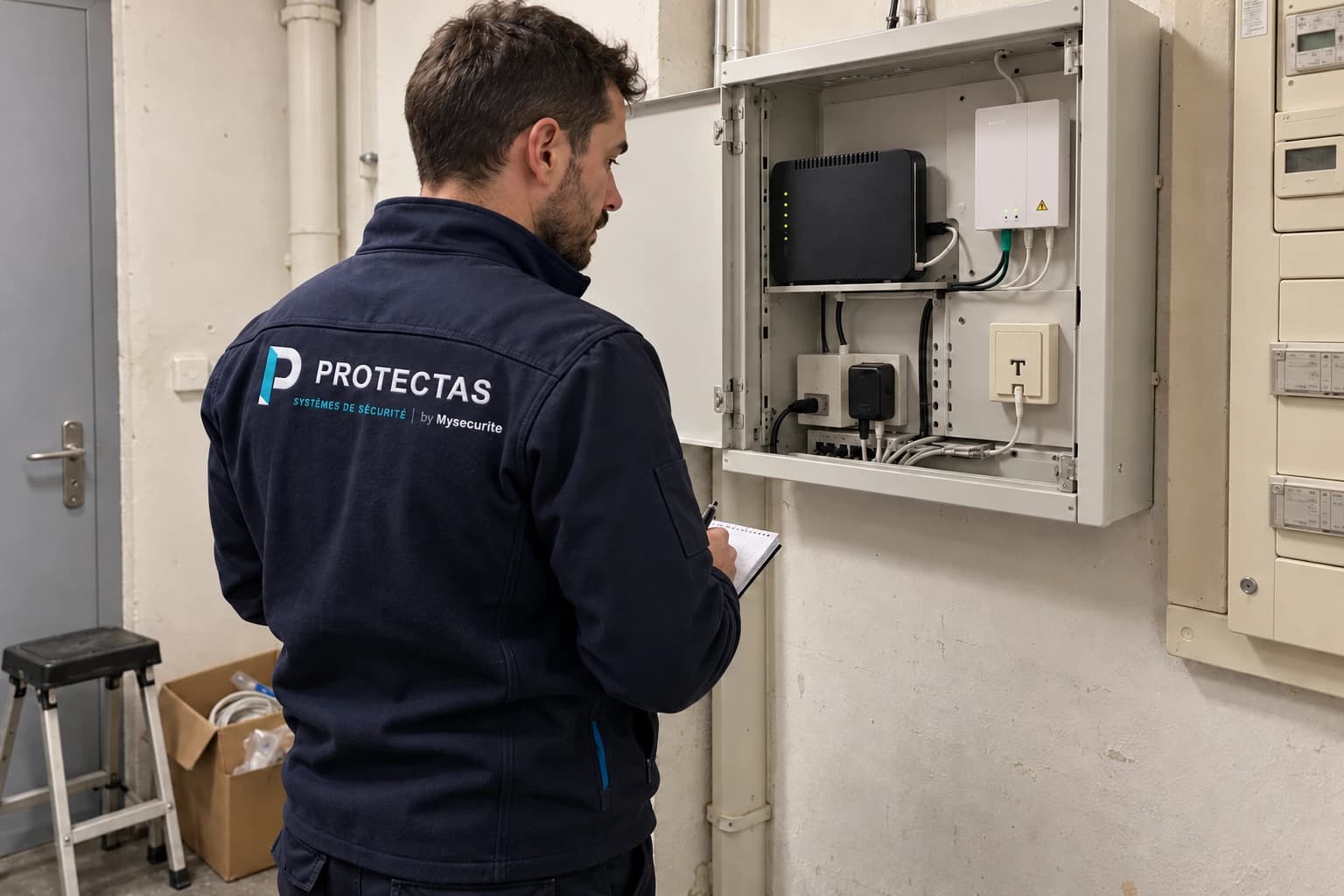 Un technicien Protectas examine le coffret de communication d’un bâtiment