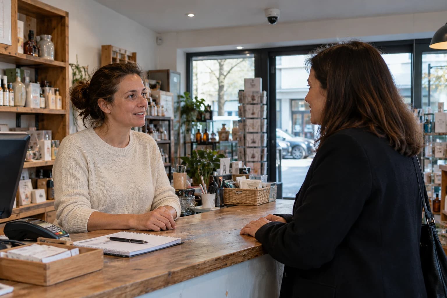 Deux femmes échangent à un comptoir de commerce équipé d’une caméra au plafond