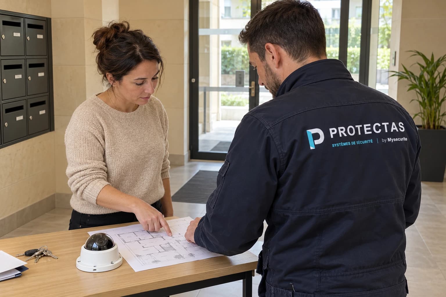 Une gestionnaire et un technicien Protectas examinent un plan près d’une caméra posée sur une table