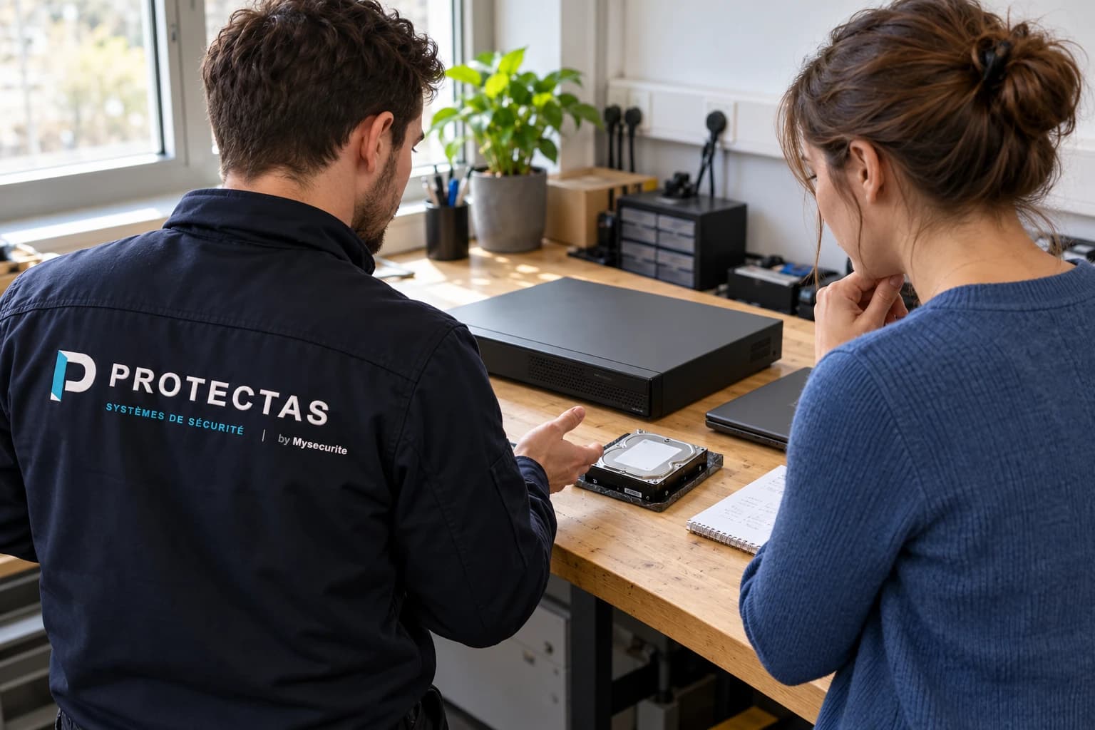 Un technicien Protectas et une responsable examinent un disque près d’un enregistreur fermé