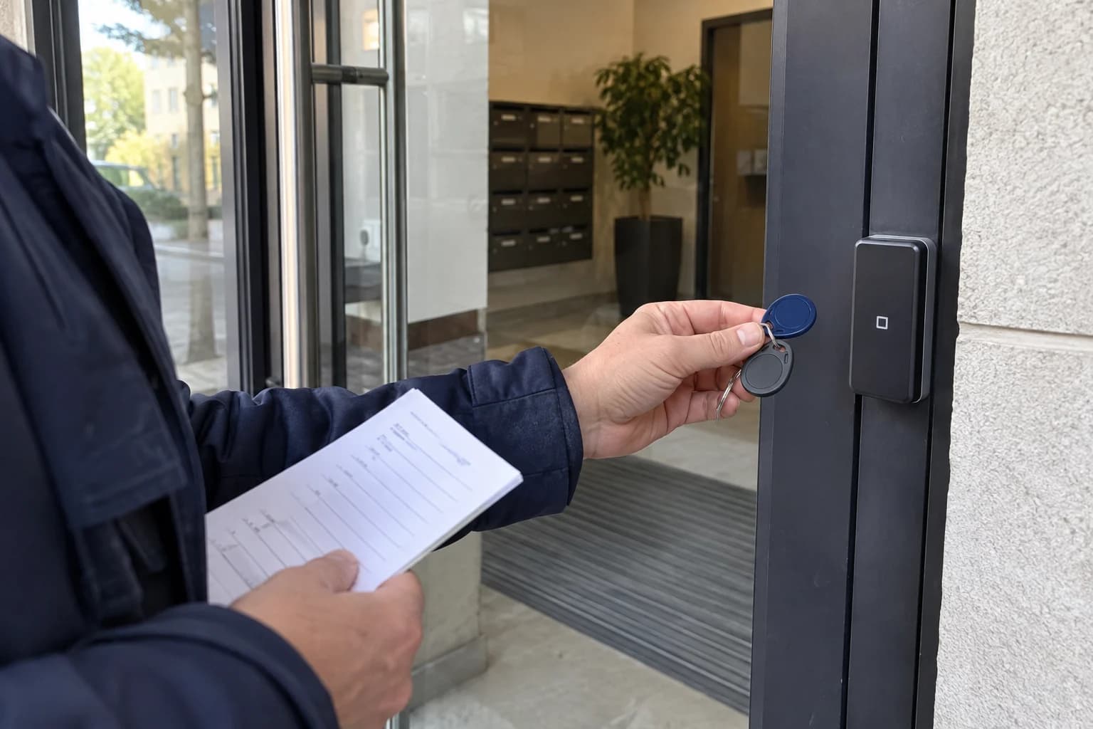 Scène fictive générée : vérification de badges près du lecteur d’une entrée collective