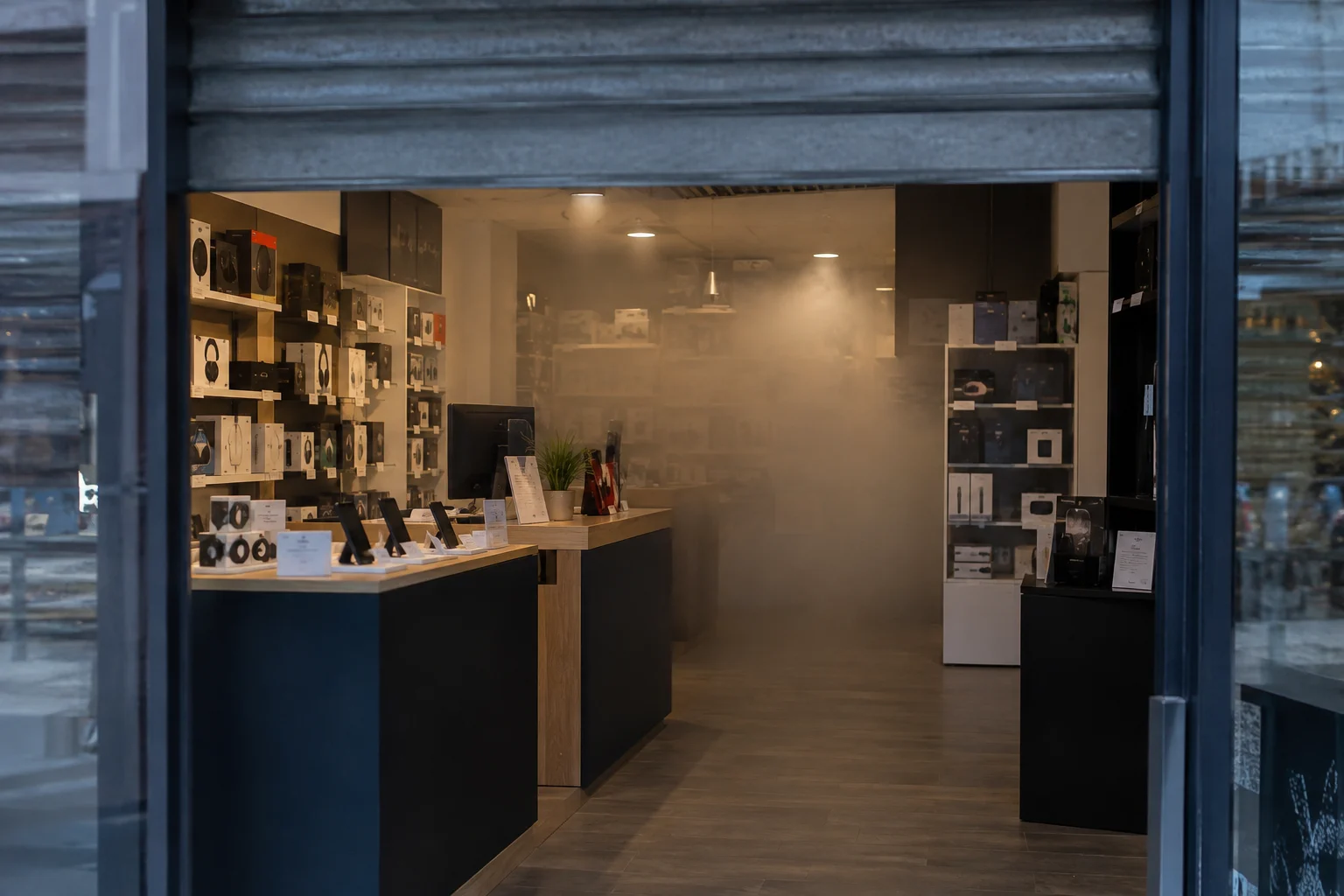 Scène fictive générée : boutique vide après fermeture, avec brouillard illustratif dans la partie arrière