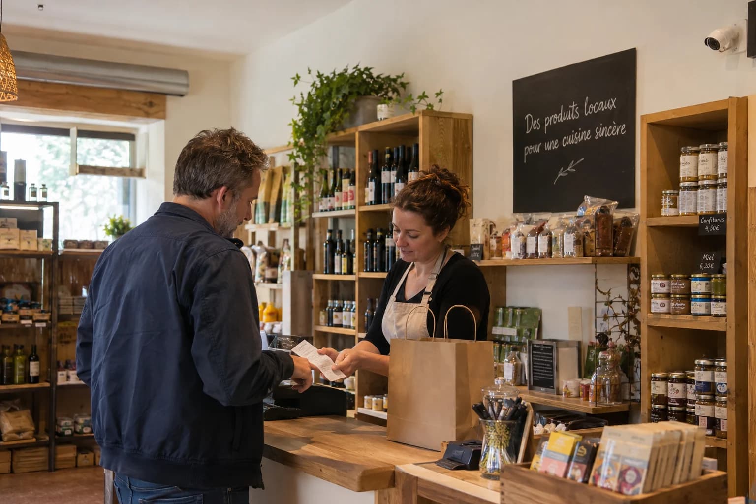 Scène fictive générée : un commerçant et un client examinent un ticket au comptoir