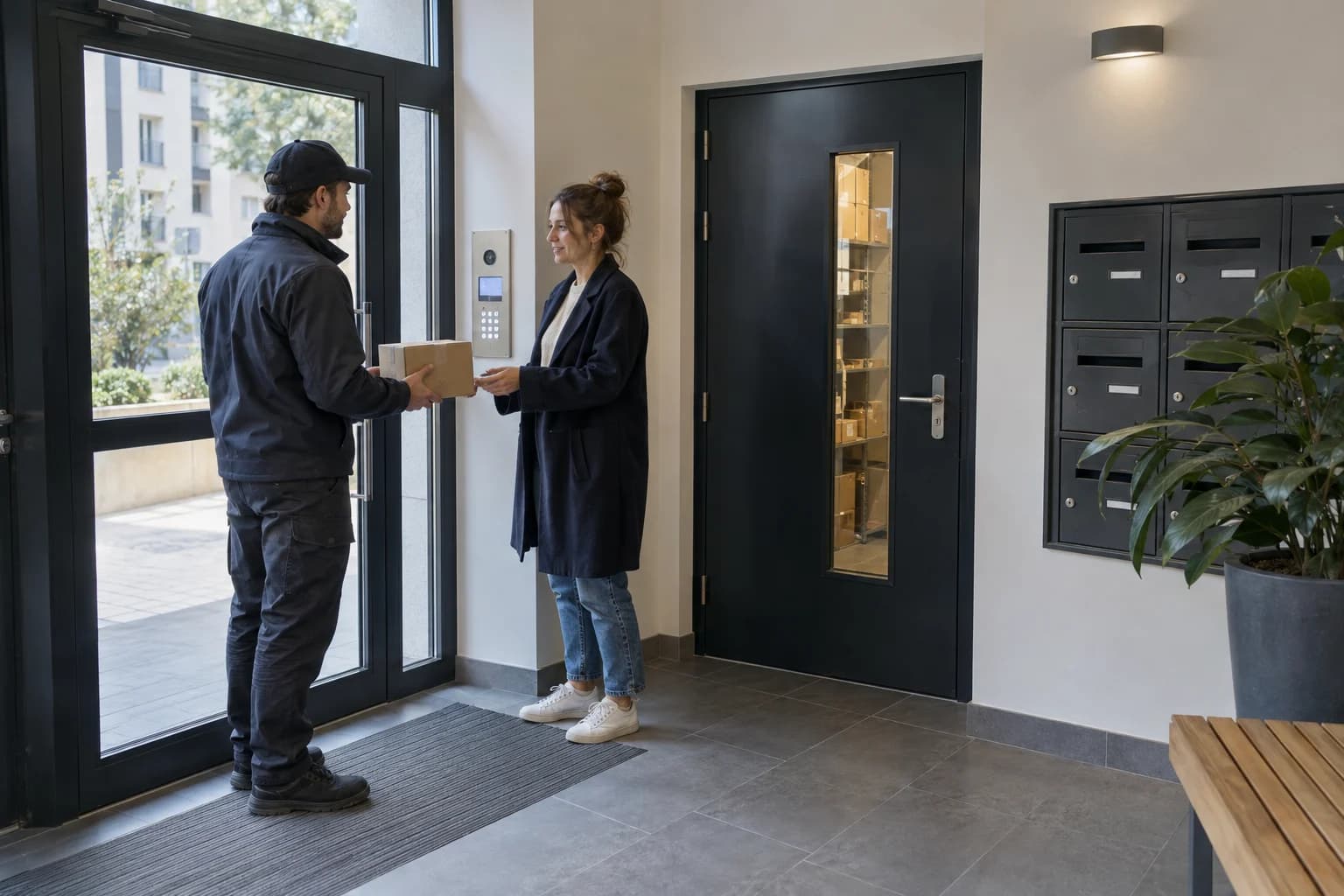 Scène fictive générée : un livreur remet un colis à une résidente dans un hall dégagé