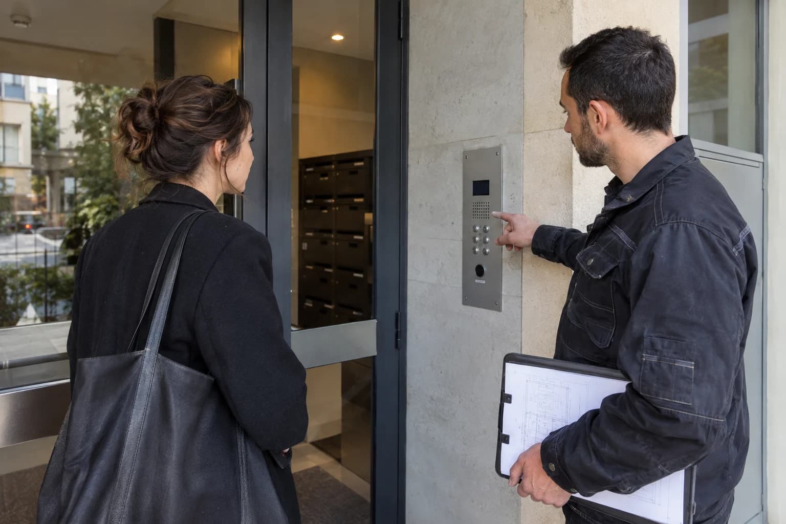 Scène fictive générée : visite technique d’une entrée et de son interphone collectif