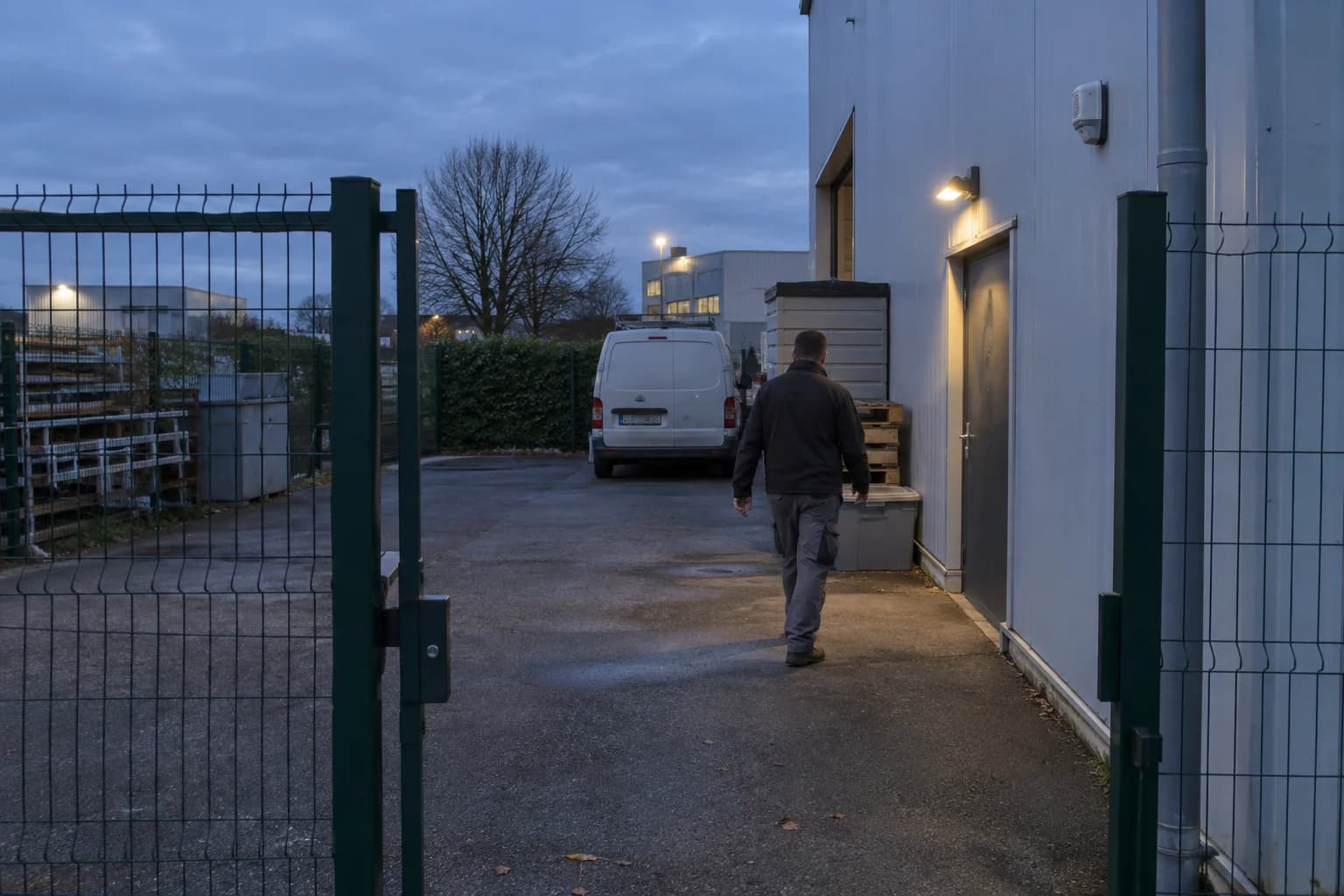 Scène fictive générée : passage d’essai dans la cour clôturée d’un atelier au crépuscule