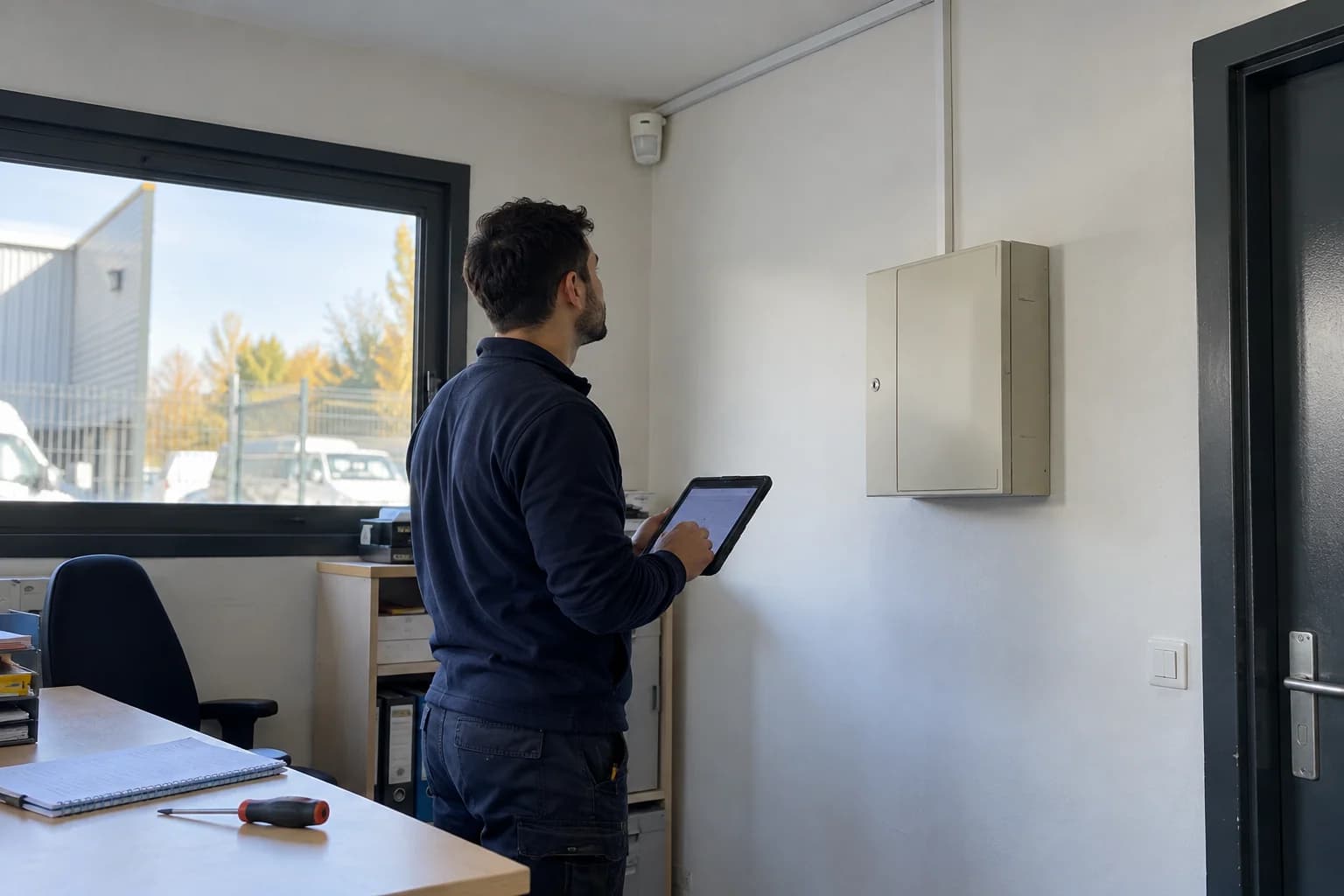 Scène illustrative générée : examen d’une ancienne alarme filaire dans un bureau d’atelier