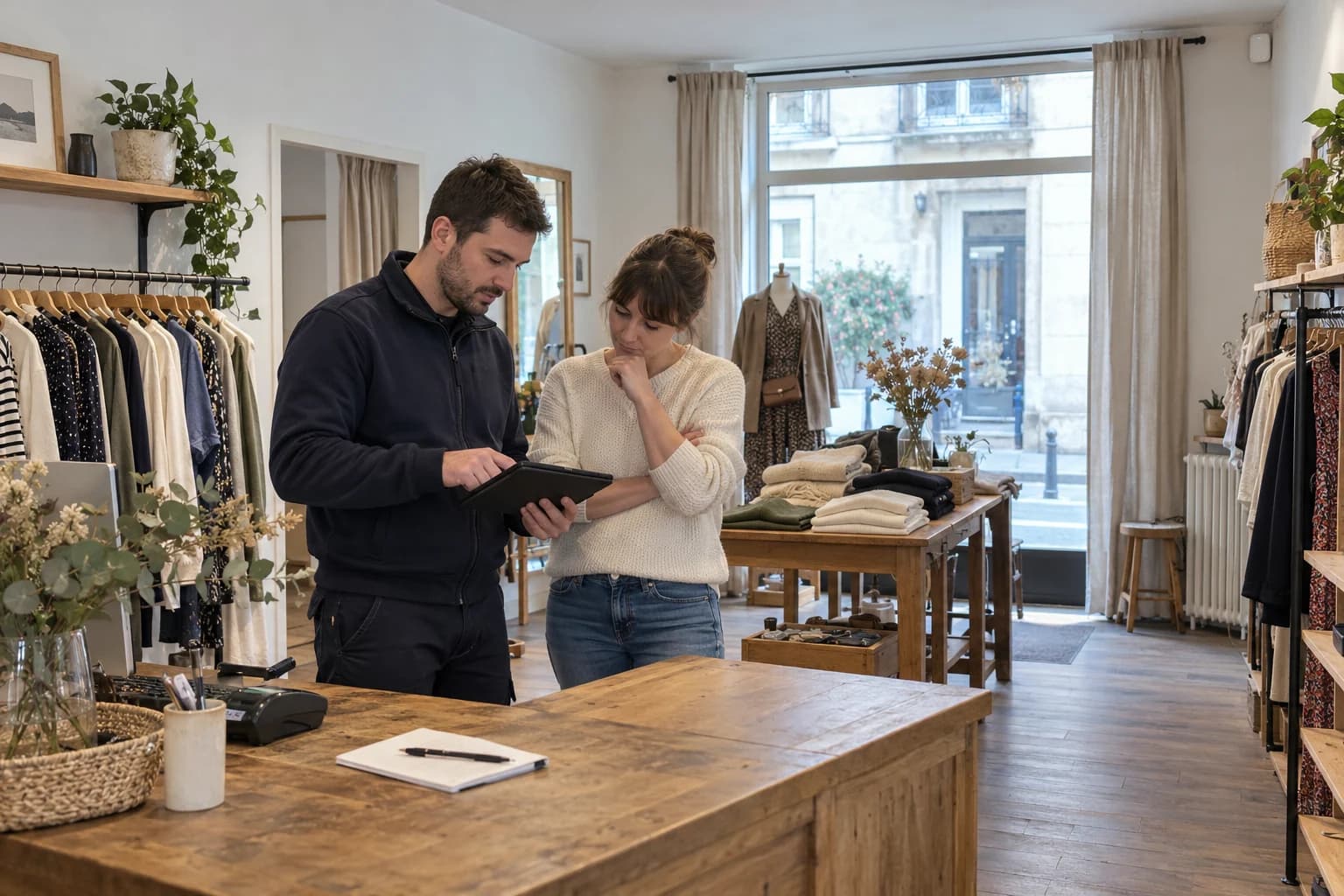 Scène illustrative générée : diagnostic d’une alarme dans une boutique avant ouverture