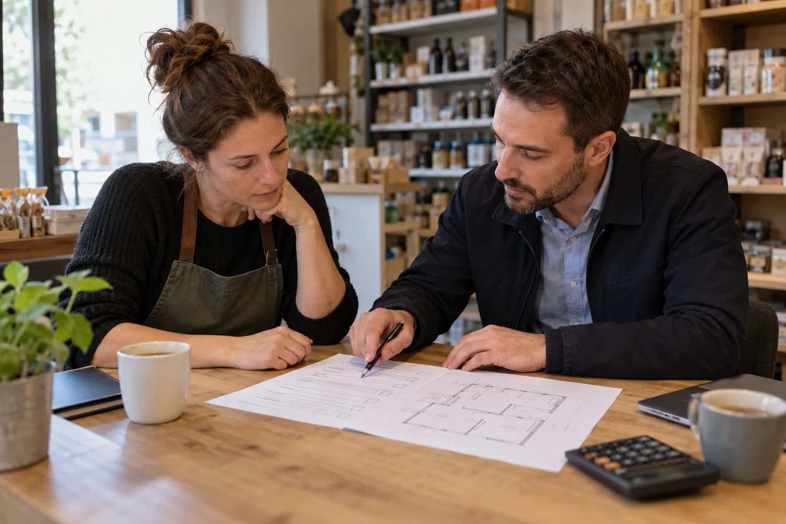 Scène illustrative générée : étude d’une prescription d’assurance et d’un plan dans un commerce