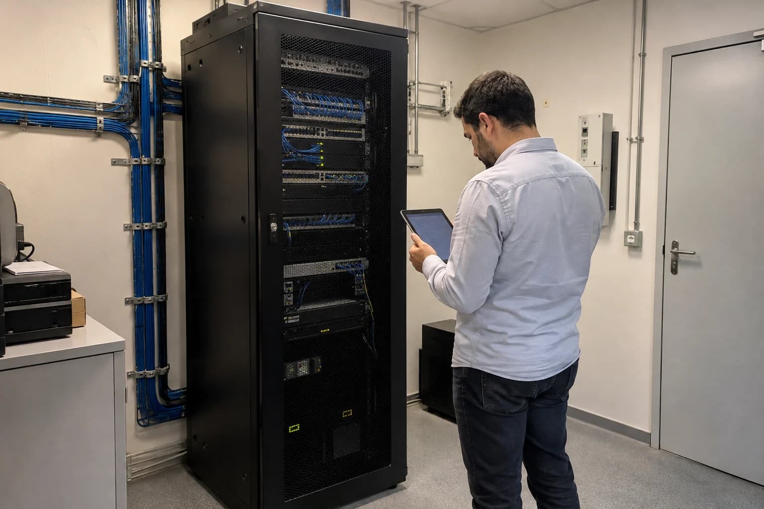 Scène illustrative générée : contrôle d’une baie informatique fermée dans un local technique