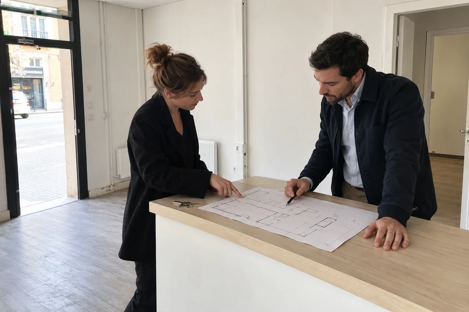 Scène illustrative générée : préparation des travaux de sécurité dans un local commercial loué