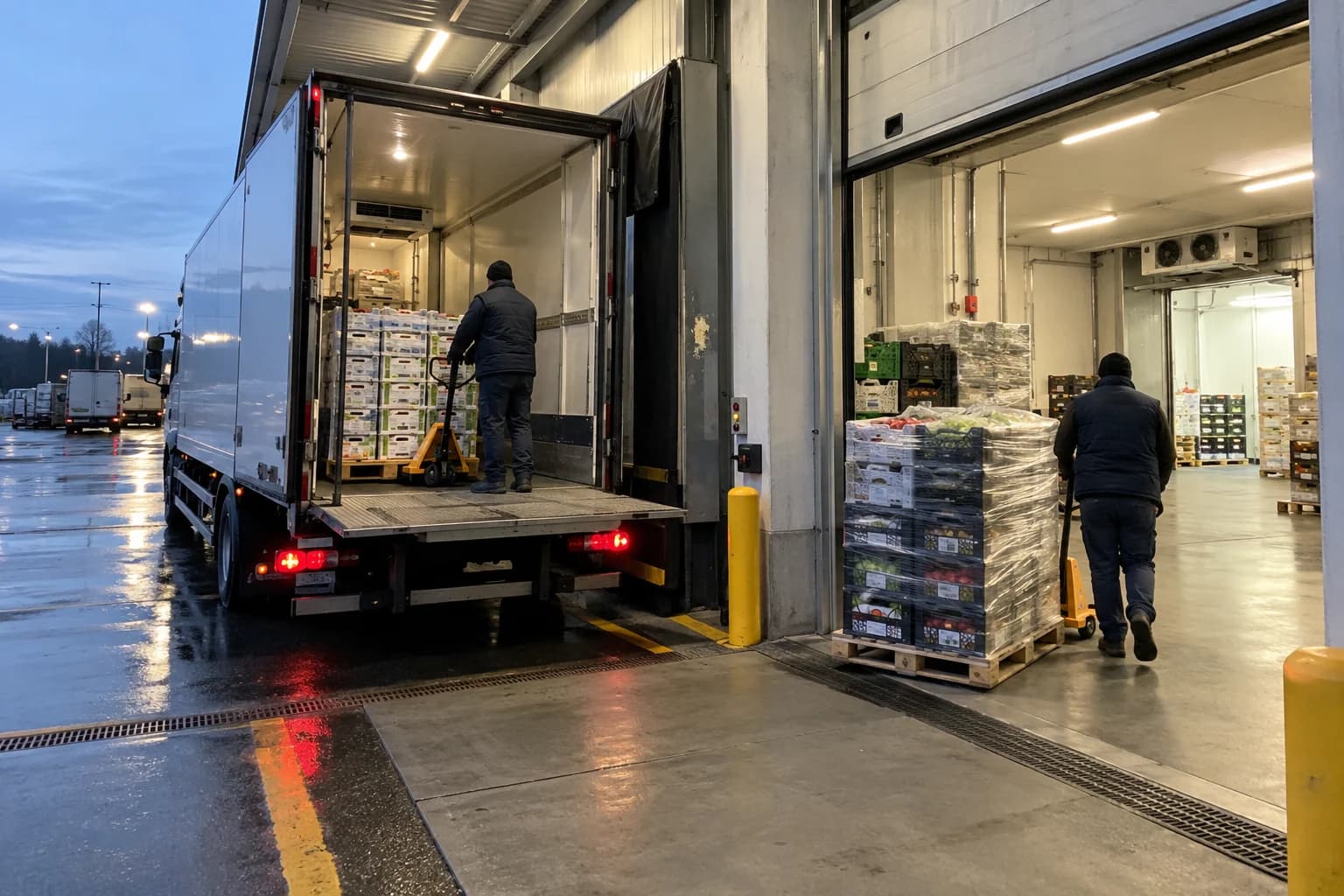 Scène illustrative générée : quai d’un grossiste de produits frais fictif avant l’aube ; pas une photographie du Marché de Rungis