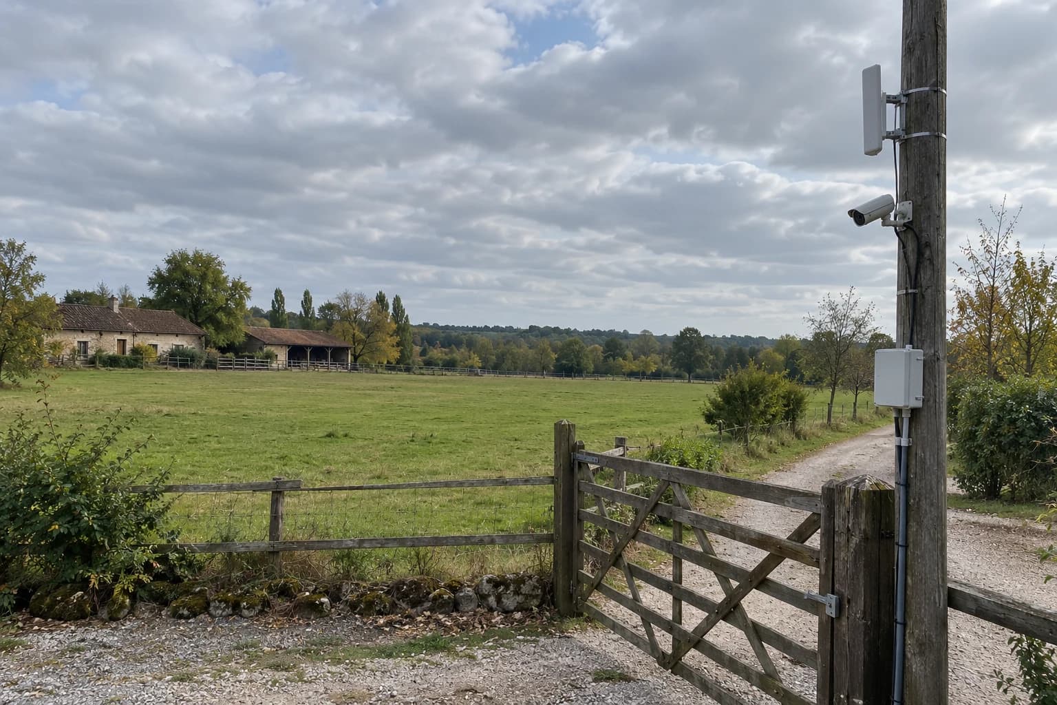 Scène générée d’un grand terrain fictif avec accès et bâtiment éloignés