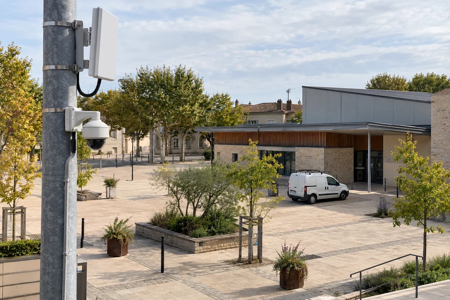 Scène générée d’une place et d’un équipement municipal fictifs à relier