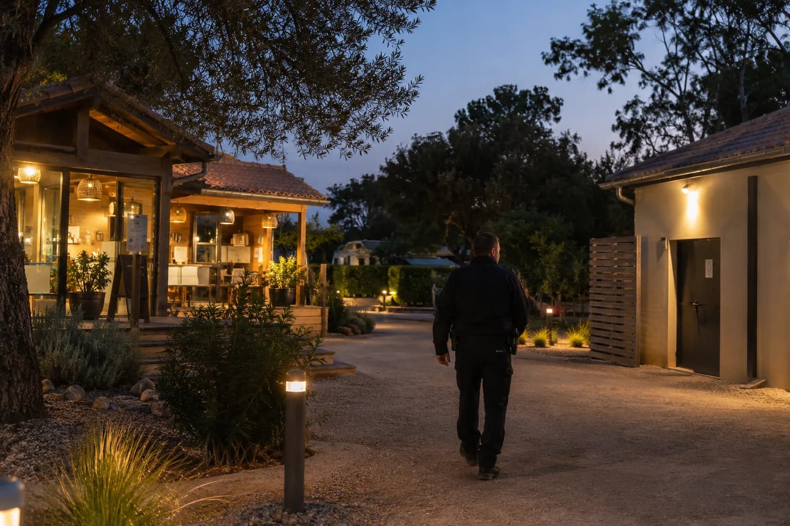 Illustration d’un camping fictif au crépuscule : cheminement et bâtiment de service