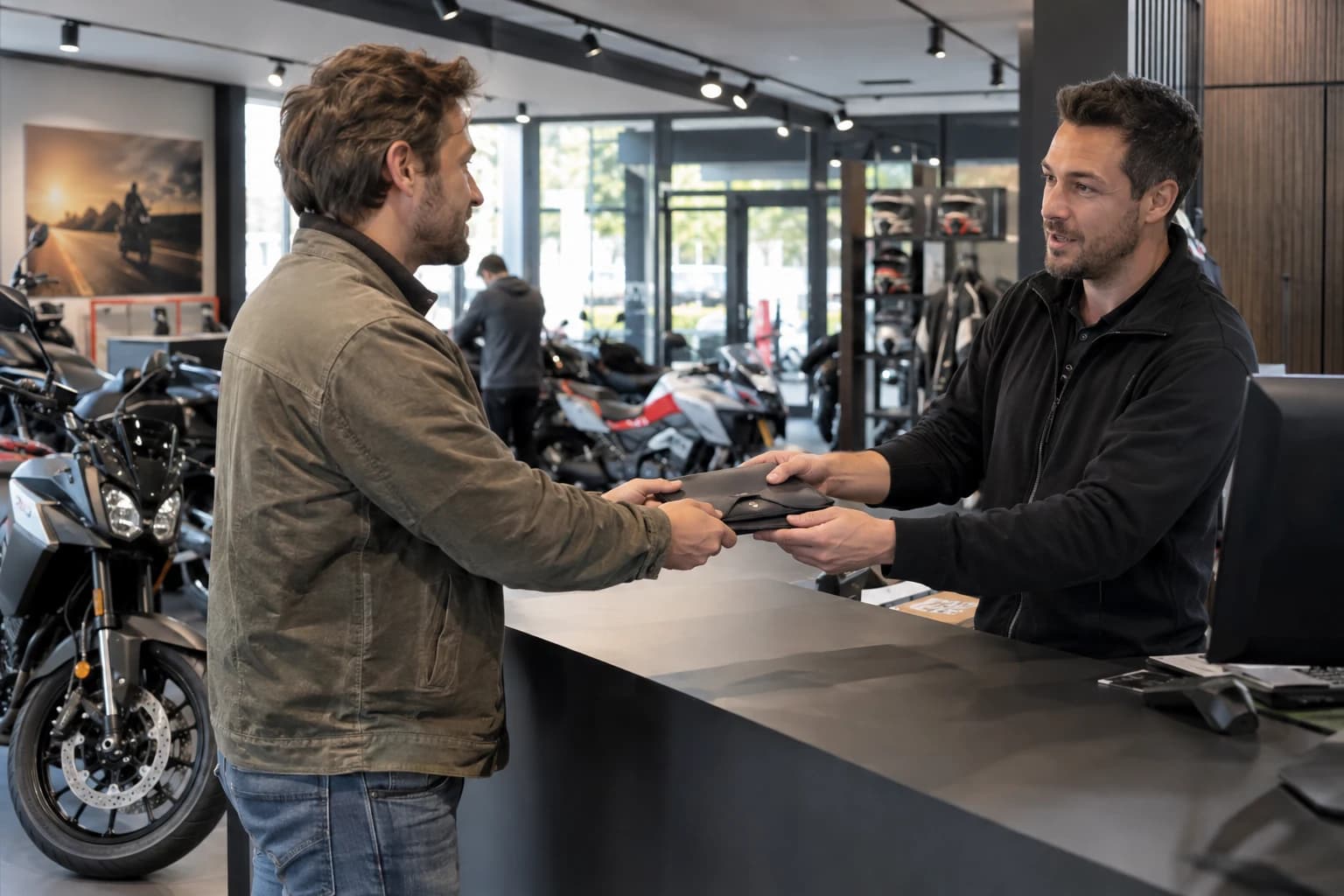 Illustration d’une concession motos fictive : préparation d’un essai au comptoir
