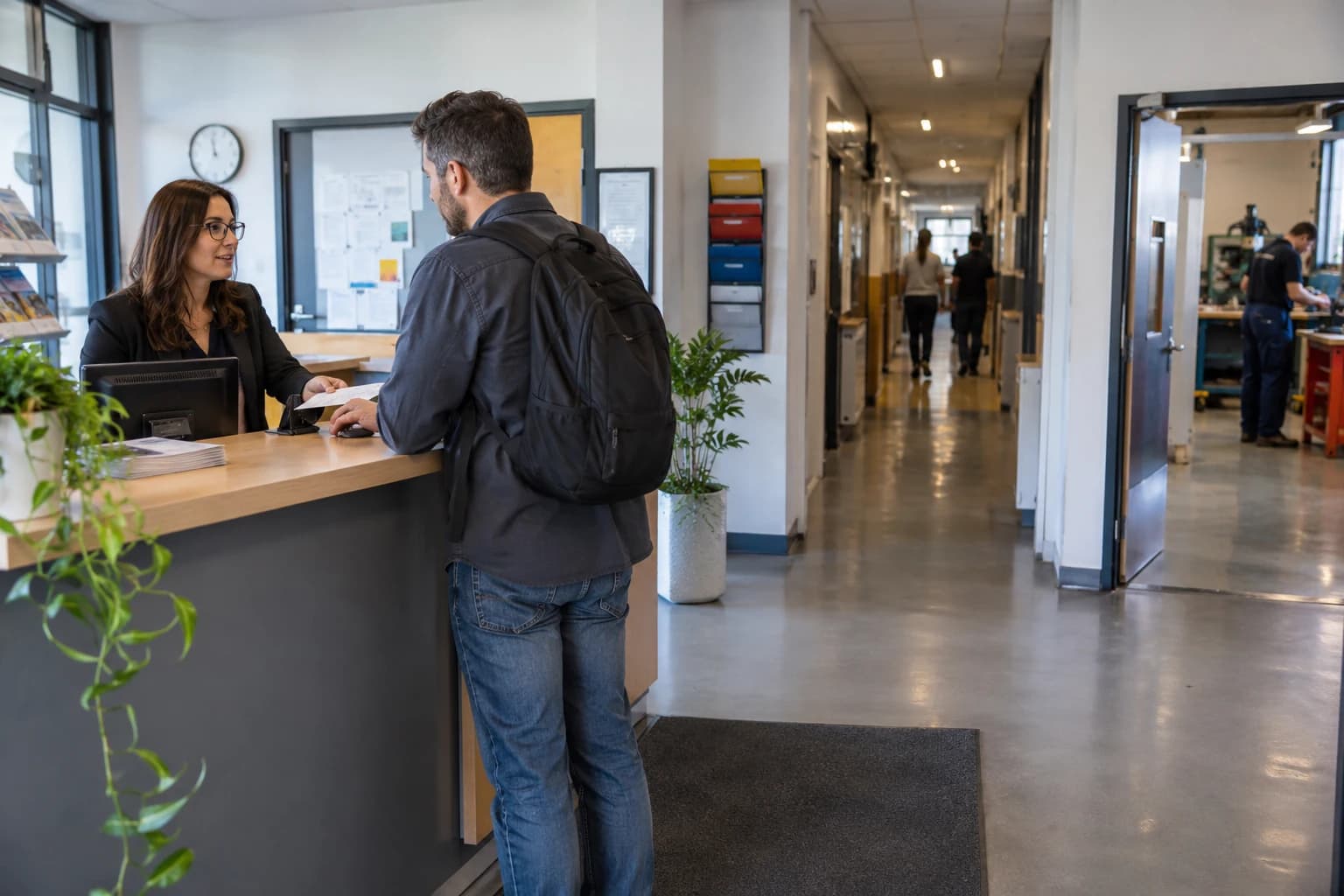 Illustration de l’accueil d’un centre de formation fictif, avec circulation pédagogique distincte