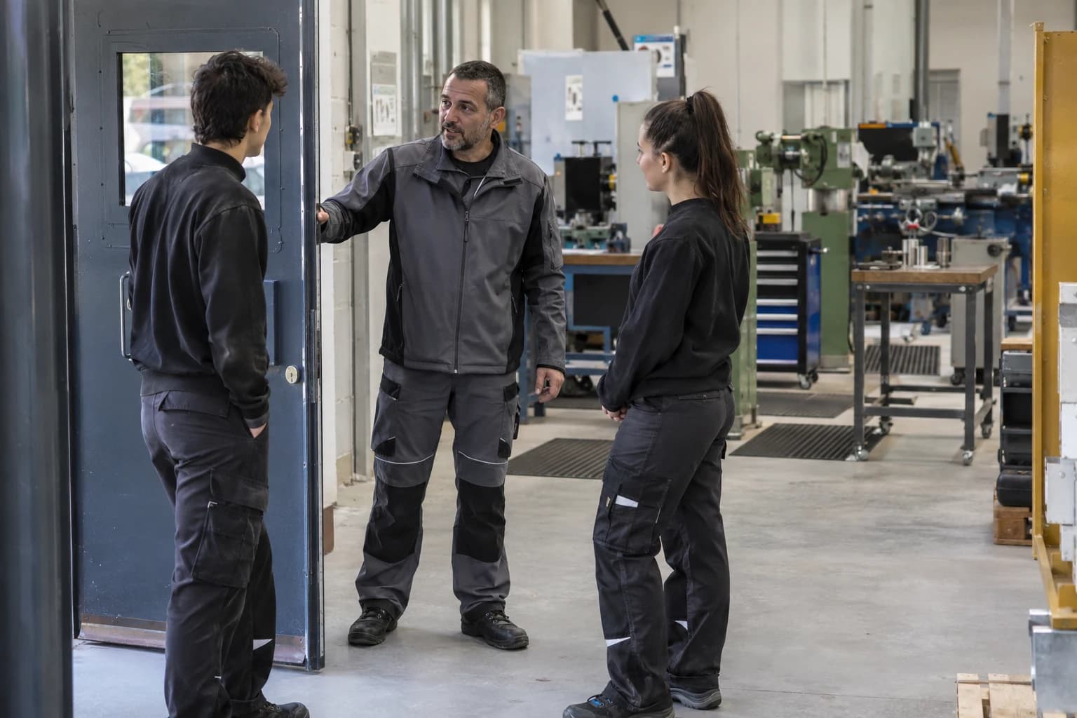 Illustration d’un CFA fictif : formateur et apprentis adultes à l’entrée d’un atelier arrêté