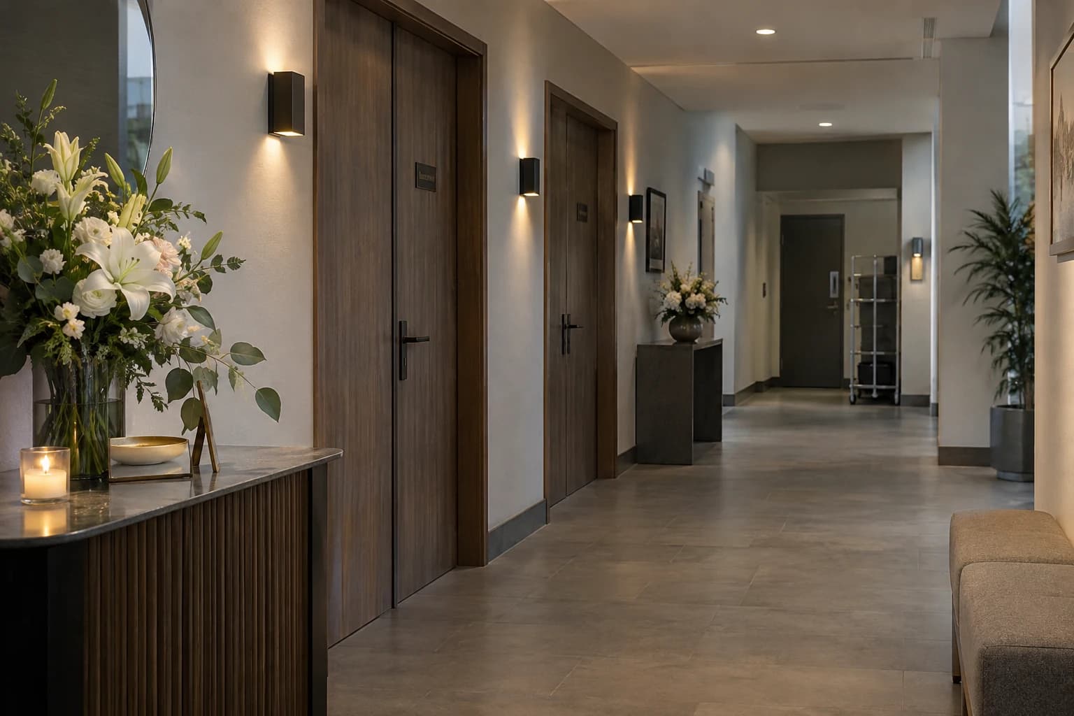 Illustration d’un funérarium fictif : salons privés fermés et circulation technique séparée
