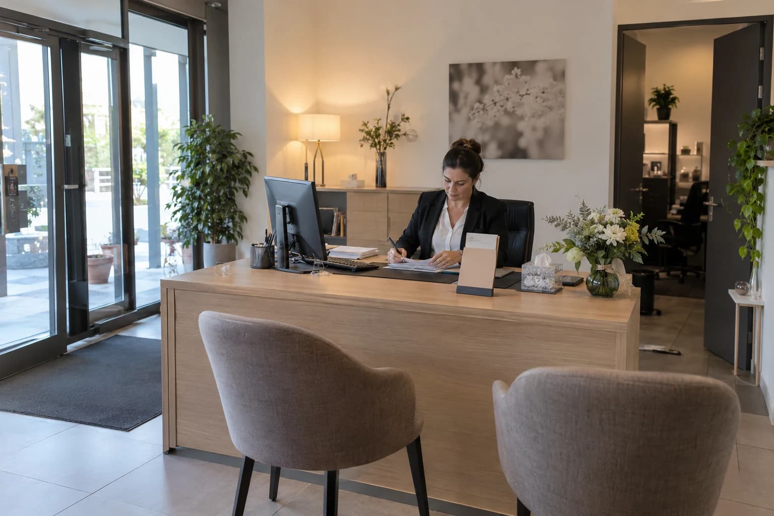 Illustration d’une agence funéraire fictive : accueil sobre et espaces professionnels distincts