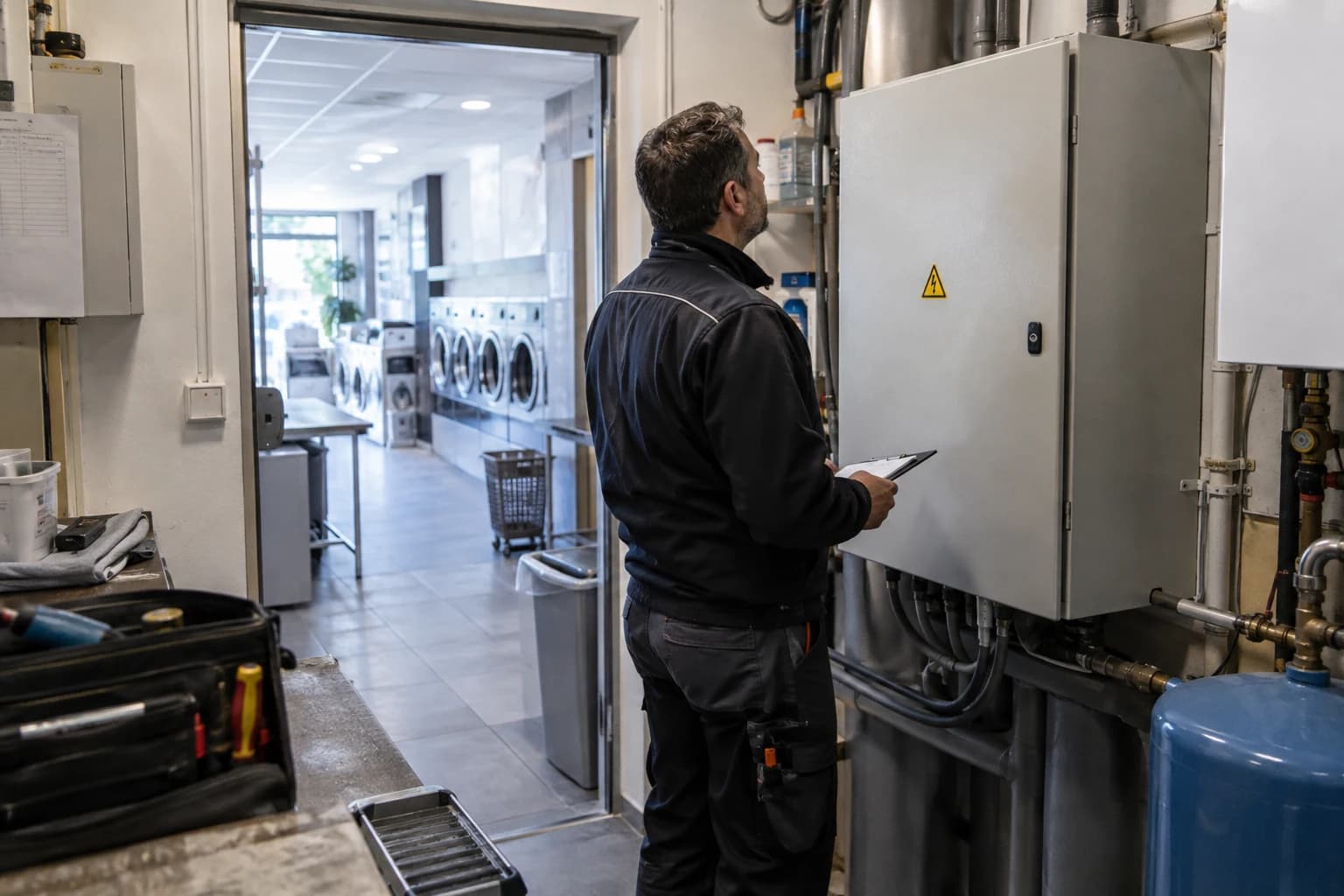 Illustration d’une maintenance dans un local technique de laverie fictive