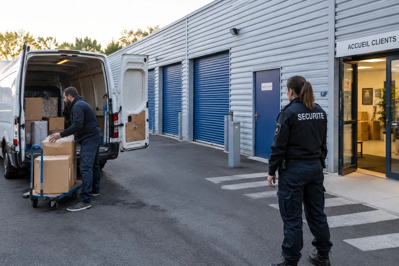 Illustration d’une réception de garde-meubles fictive, avec utilitaire et cheminement piéton