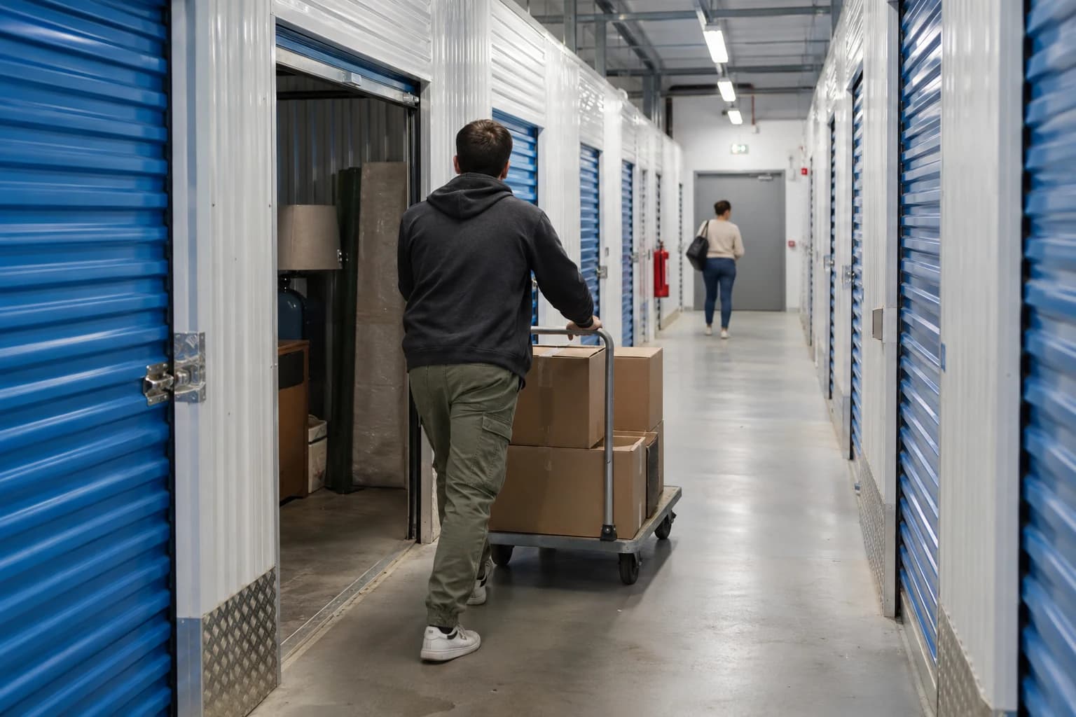 Illustration d’un centre de self-stockage fictif : client et chariot dans un couloir de box