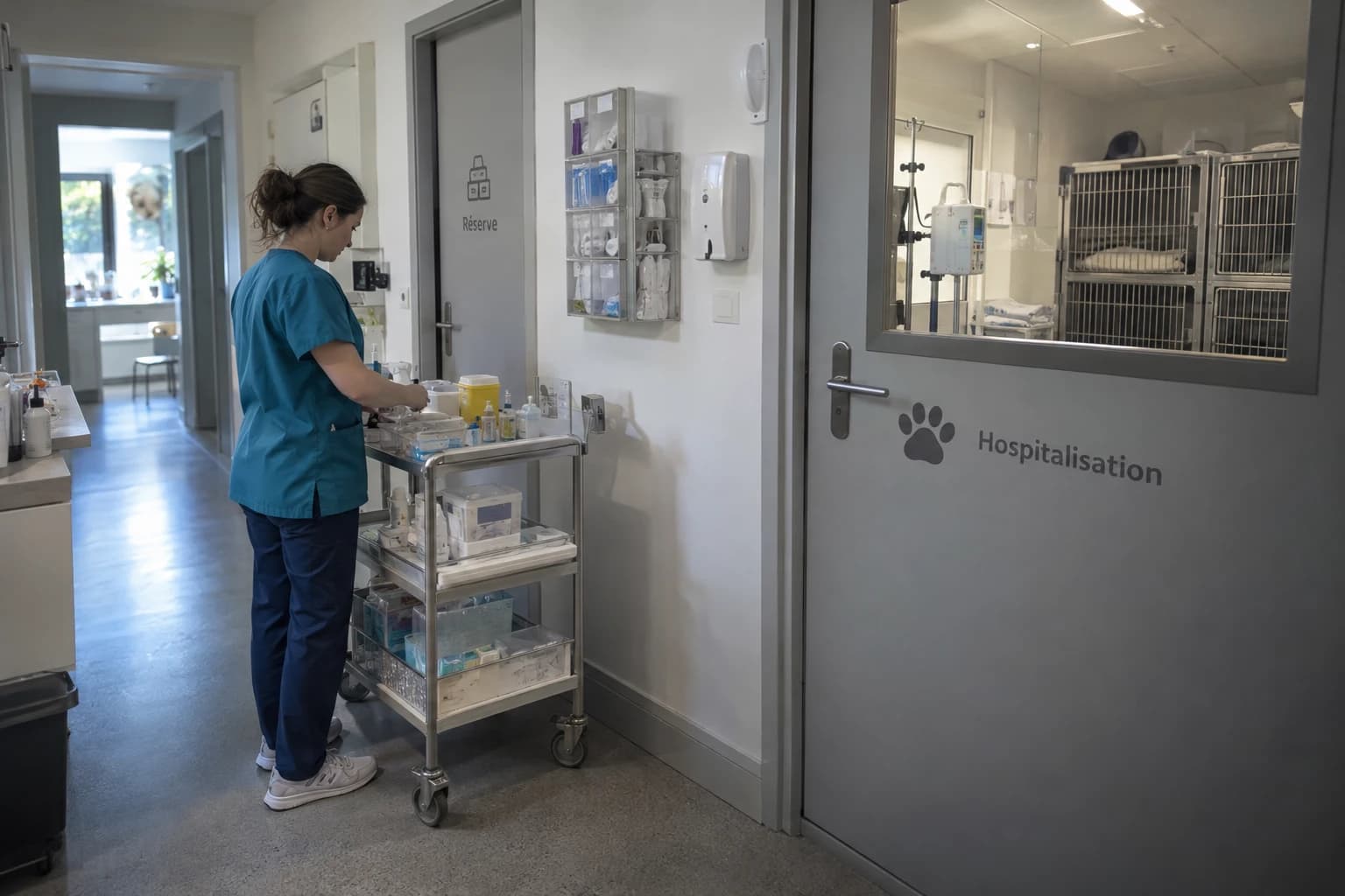 Illustration d’un couloir de service vétérinaire fictif, séparé de l’accueil public