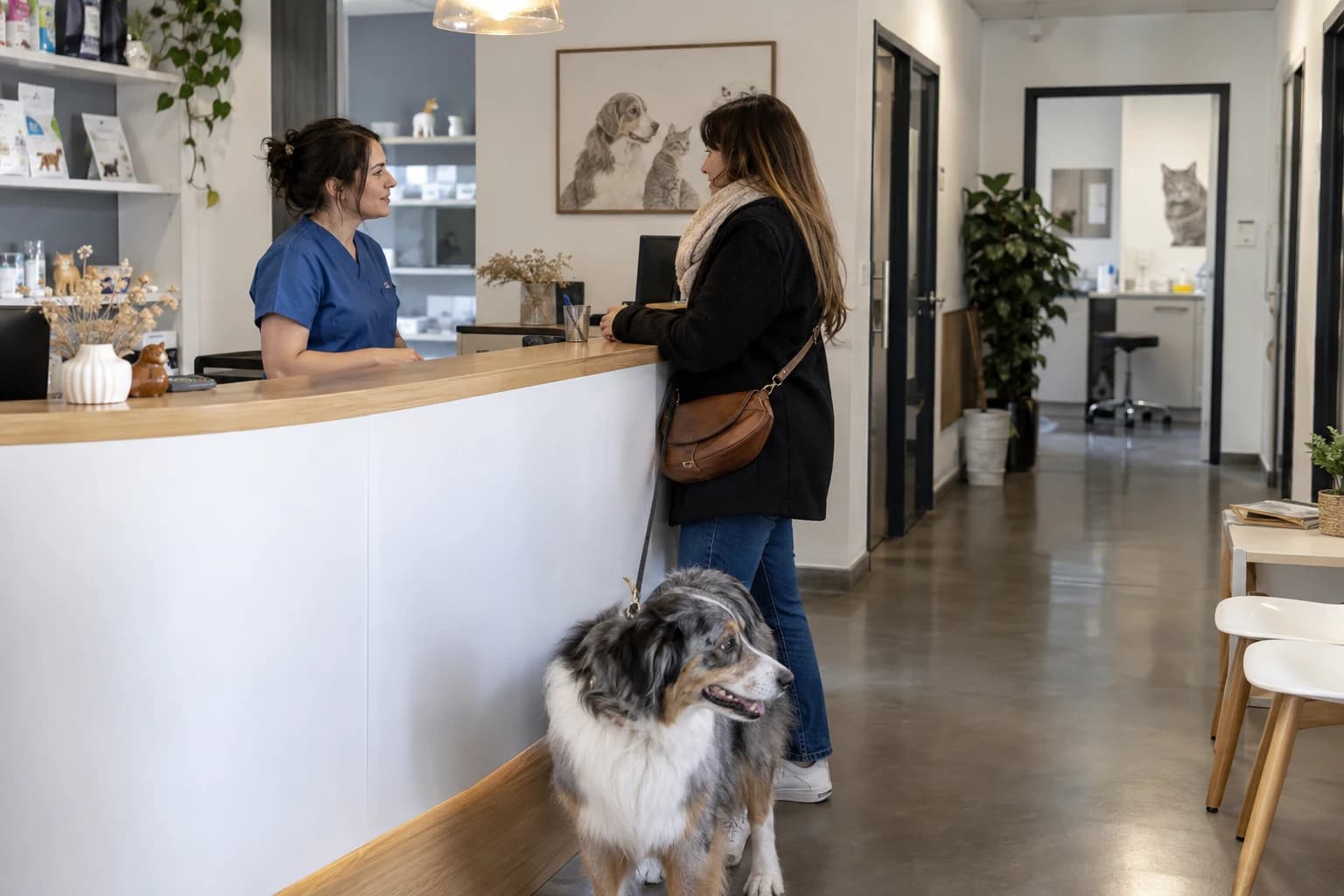 Illustration d’une clinique vétérinaire fictive : accueil d’une cliente et de son chien