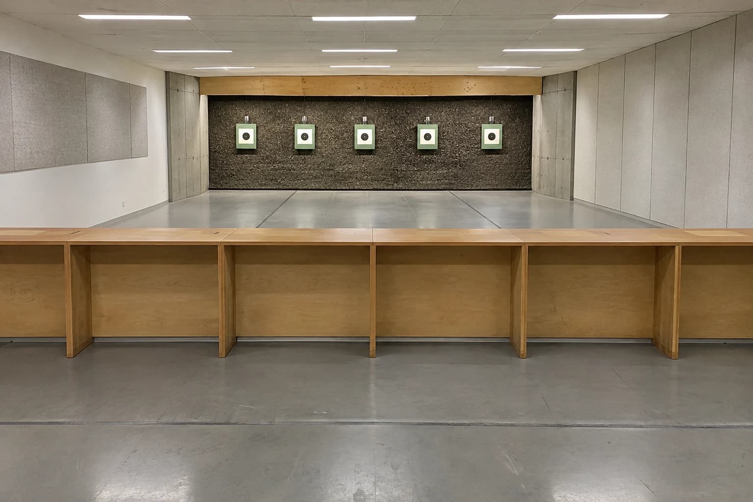 Illustration d’une galerie de tir sportif vide, vue depuis l’arrière vers les postes et les cibles, sans arme ni personne