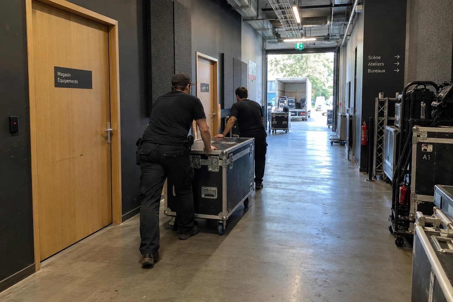 Illustration fictive de deux techniciens déplaçant un flight-case dans un passage de coulisses dégagé