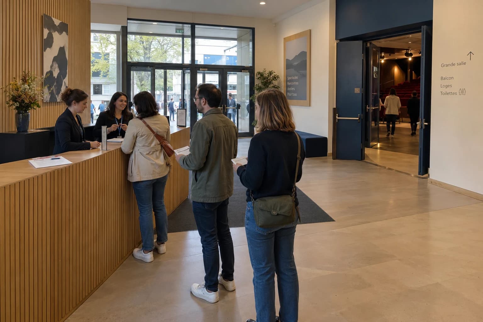Illustration réaliste d’un foyer de lieu culturel fictif avec une équipe d’accueil et des visiteurs adultes