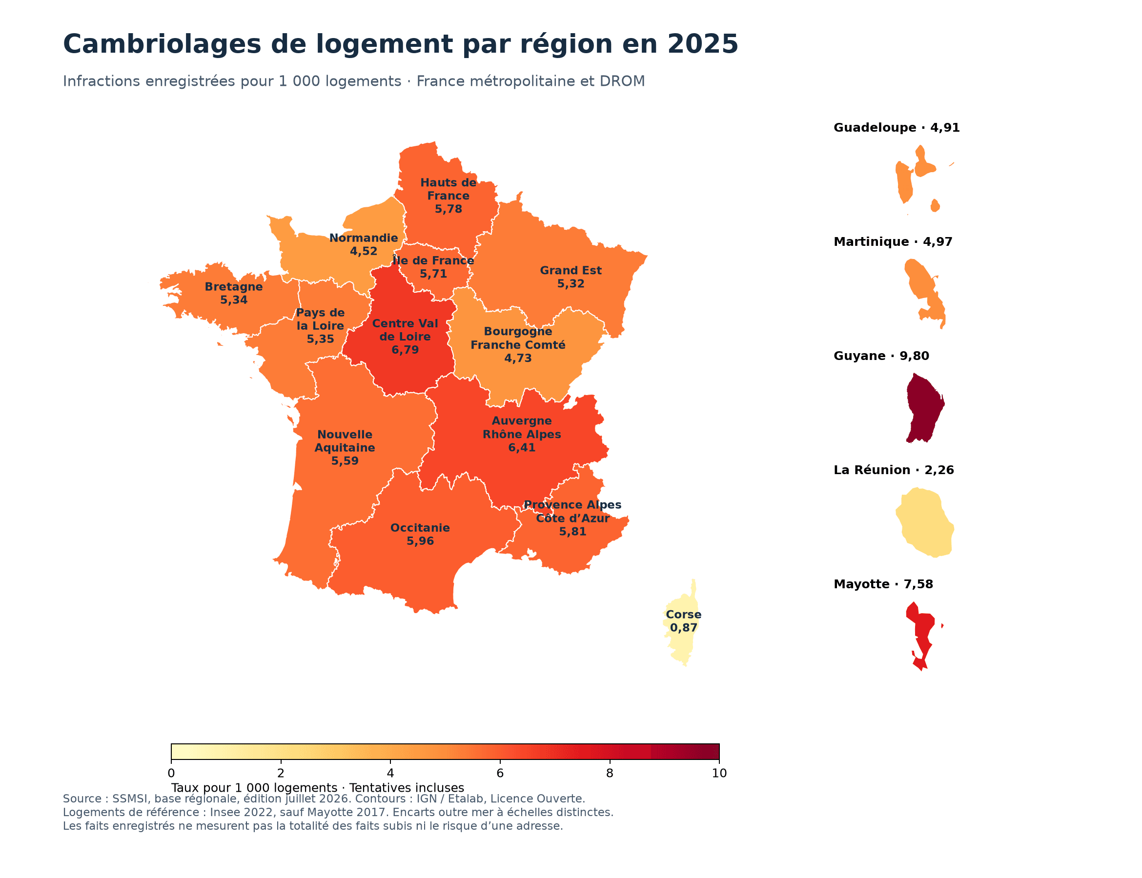 Carte des cambriolages de logement en 2025 par région avec taux pour 1 000 logements et encarts outre-mer