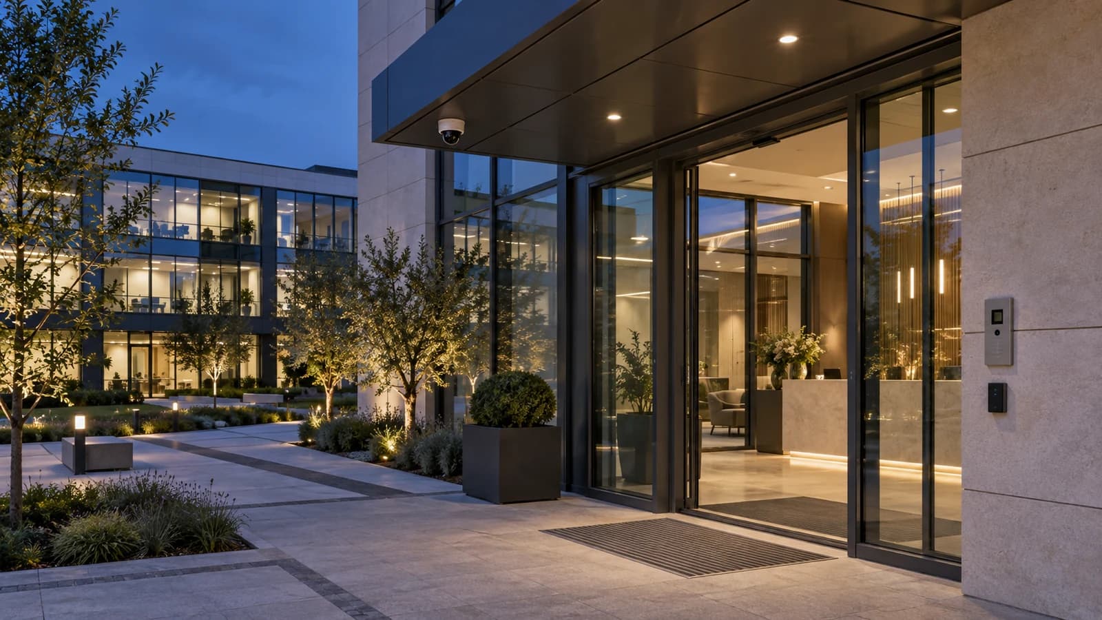 Illustration d’un campus de bureaux équipé d’une caméra et d’un contrôle d’accès