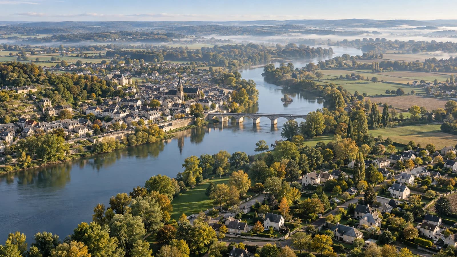 Illustration aérienne d’une ville française, d’une rivière et de paysages ruraux
