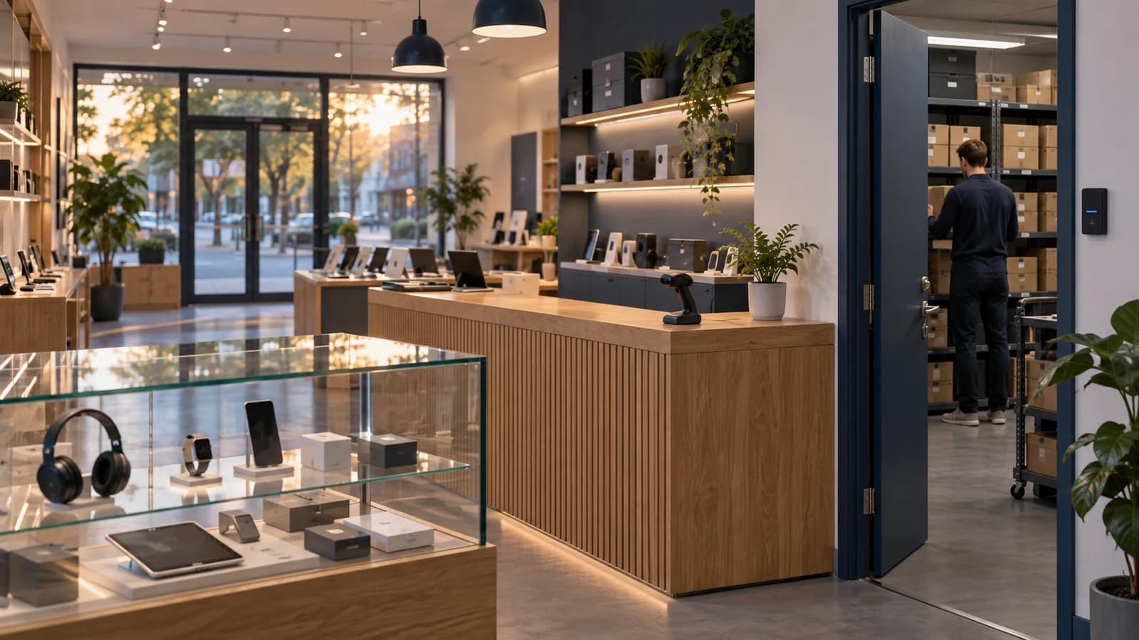 Illustration d’un commerce d’électronique avec vitrine, comptoir et réserve ordonnée