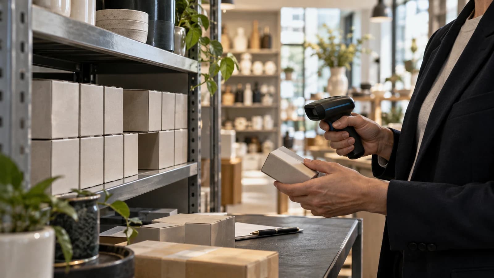 Inventaire d’un commerce : une personne tient une boîte et un lecteur de codes-barres devant les rayonnages