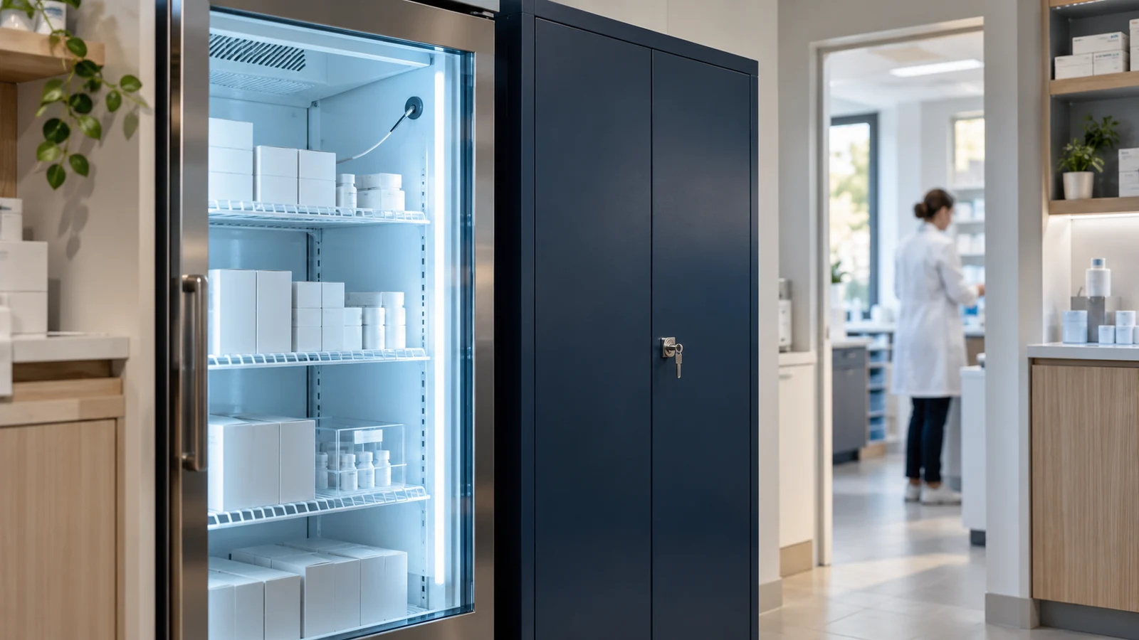 Réfrigérateur vitré contenant des boîtes et armoire fermée dans une réserve pharmaceutique illustrée